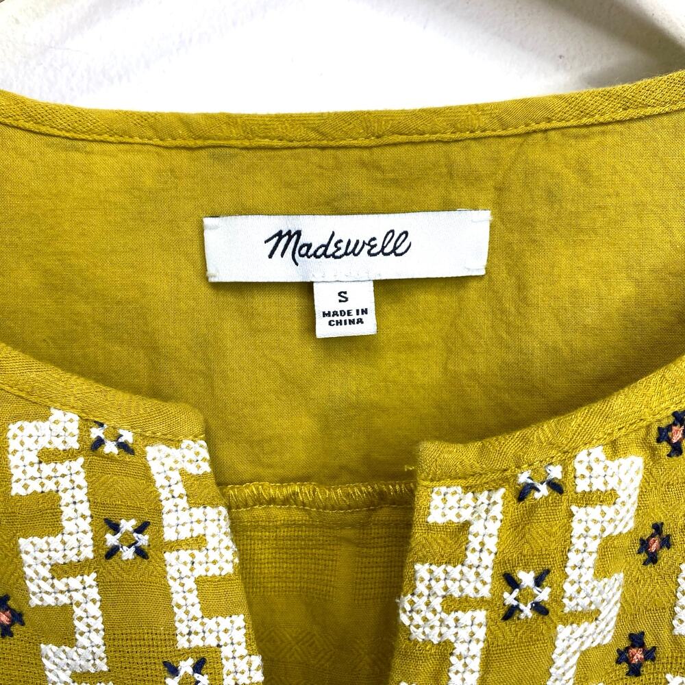 Madewell Embroidered Cassia Ruffle Top Womens Sz S Yellow Boho Summer 3/4 Sleeve - Picture 3 of 9